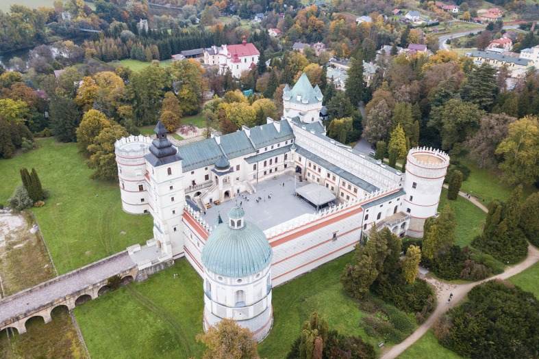 Ariel view of Krasiczyn Castle in Poland. It is one of the most stunning castles in Podkarpacie