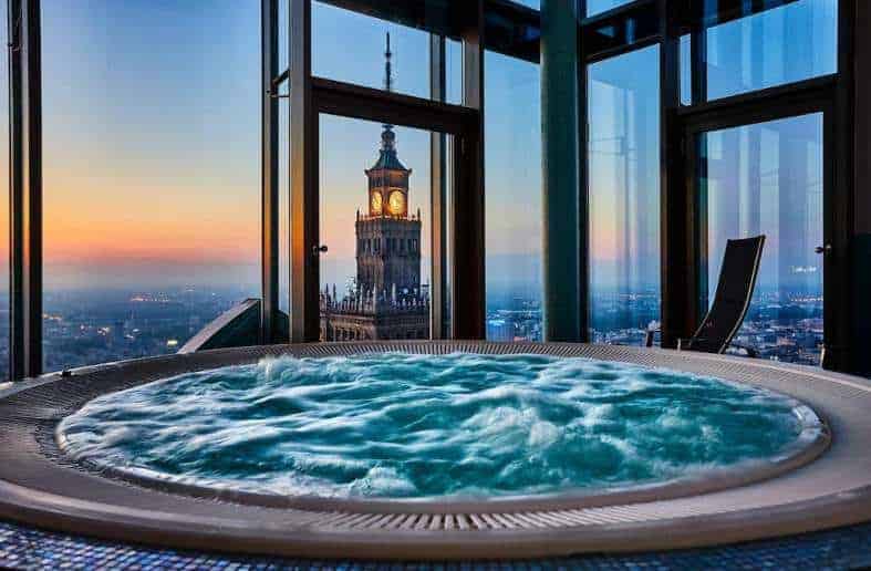a spa on a high floor at the intercontinental in Warsaw overlooking the city