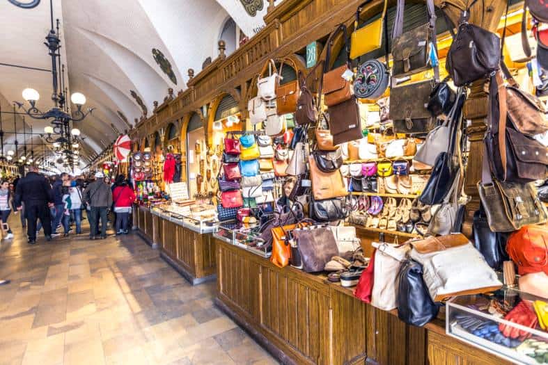 The Krakow Market hall with a sttall selling leather products