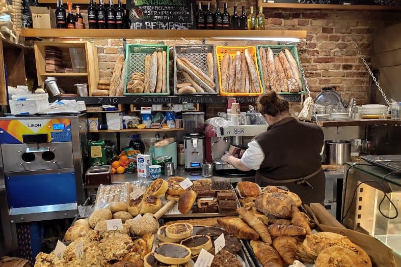 A café in Warsaw with coffee and pastry