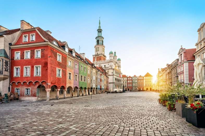 The famous old town square in Poznan with its colourful town houses