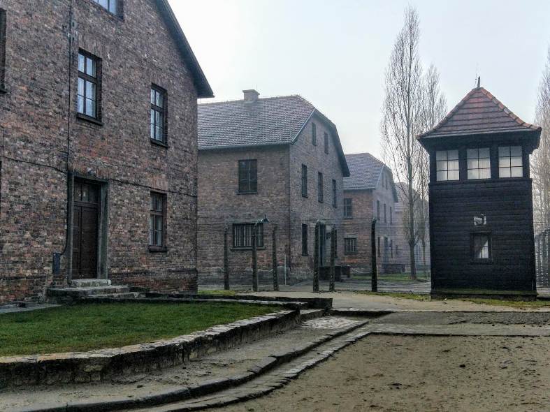 The red brick buildings of Auschwitz seem to sull in colour in the winter months. The large brown guard tower is darker with more of a black wooden colour. Barbed wire fences and small green patches of grass break up all of the buildings.