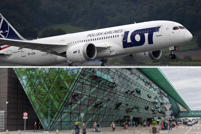 A PLANE AND THE TERMINAL AT kRAKOW aIRPORT