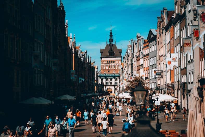 crowds in the old town enjoying a weekend in Gdansk